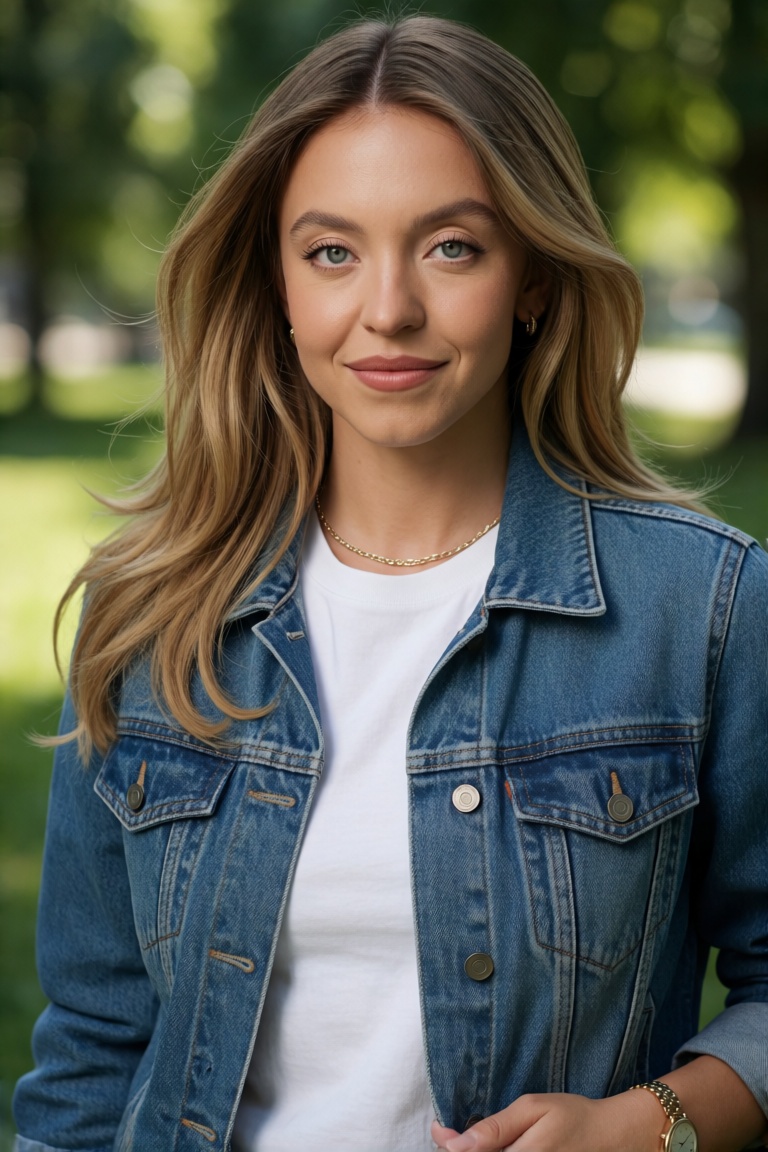 Professional editorial portrait photograph taken during an outdoor photoshoot in a park. Captured with a full-frame camera...