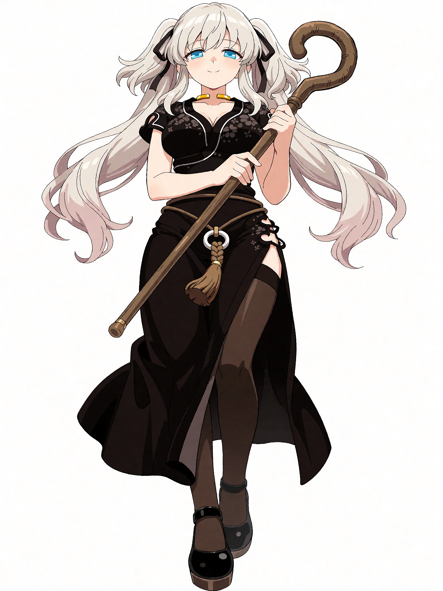 full-body anime illustration of nao from mabinogi,  a young woman standing with a gentle,  smiling expression. she has lon...
