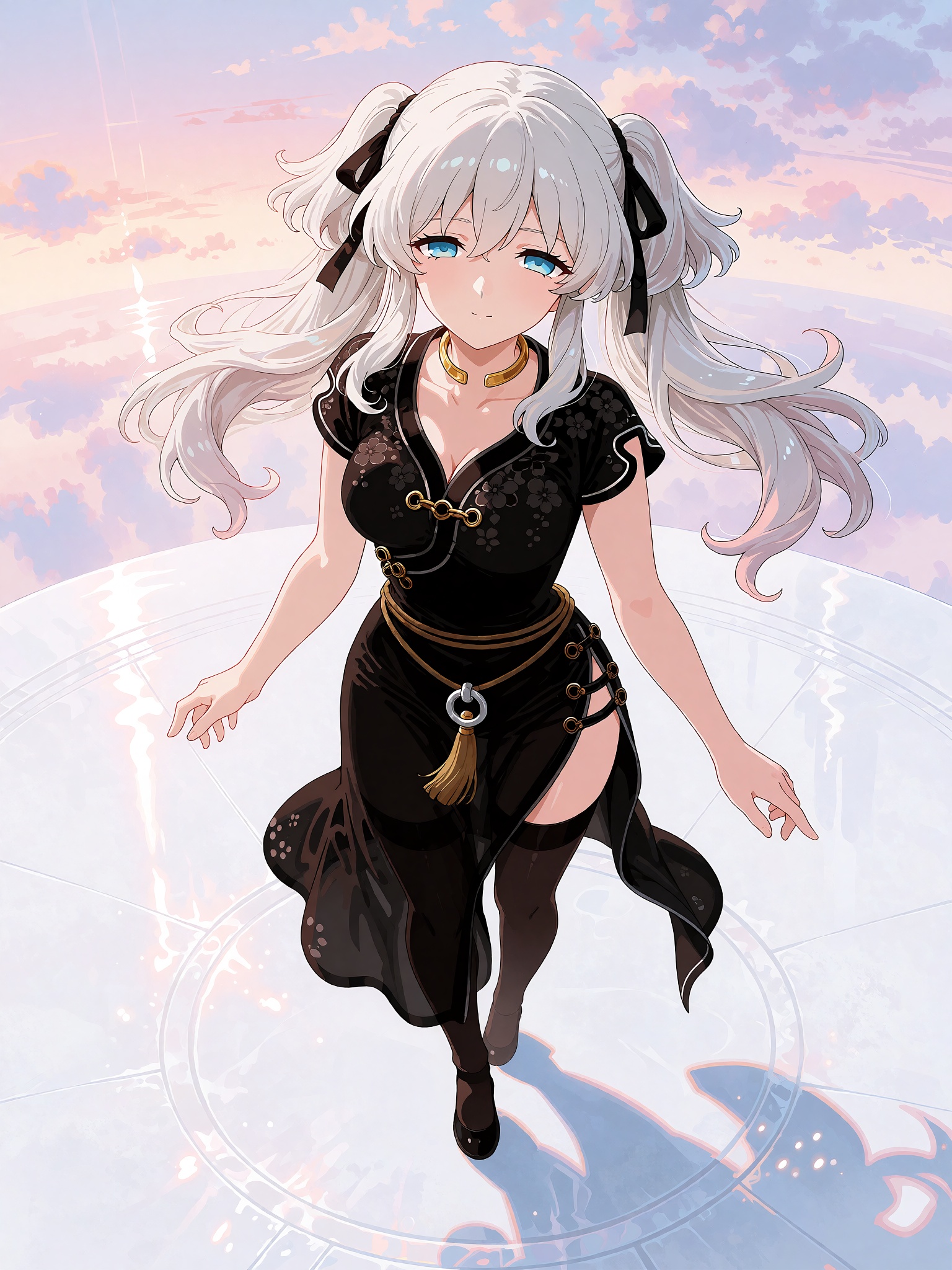 Anime illustration of Nao from Mabinogi,  a young woman with long silky white hair tied into elegant side ponytails,  each...