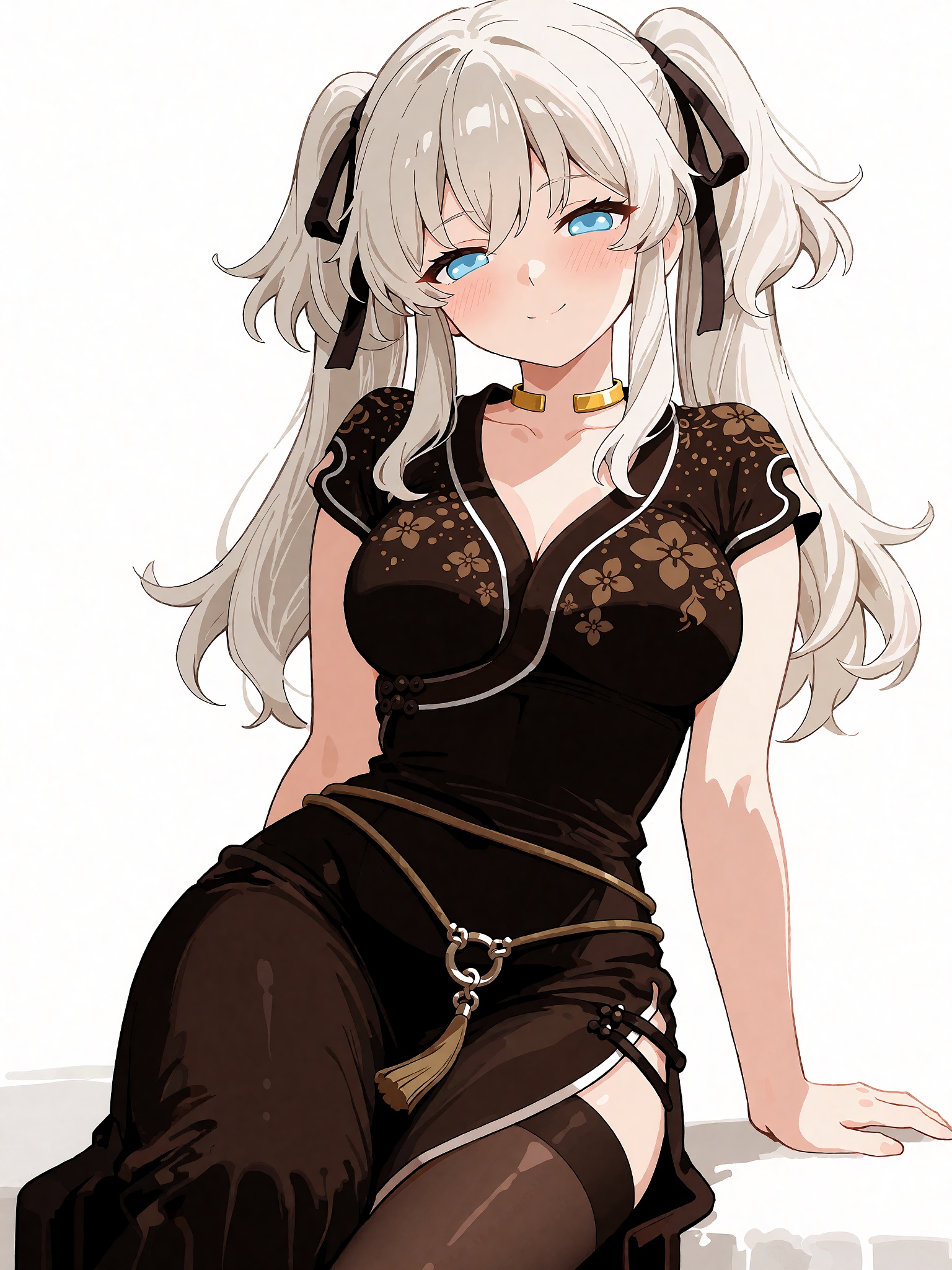 anime illustration of nao from mabinogi,  a young woman with long white hair tied into a high twintails with a dark ribbon...