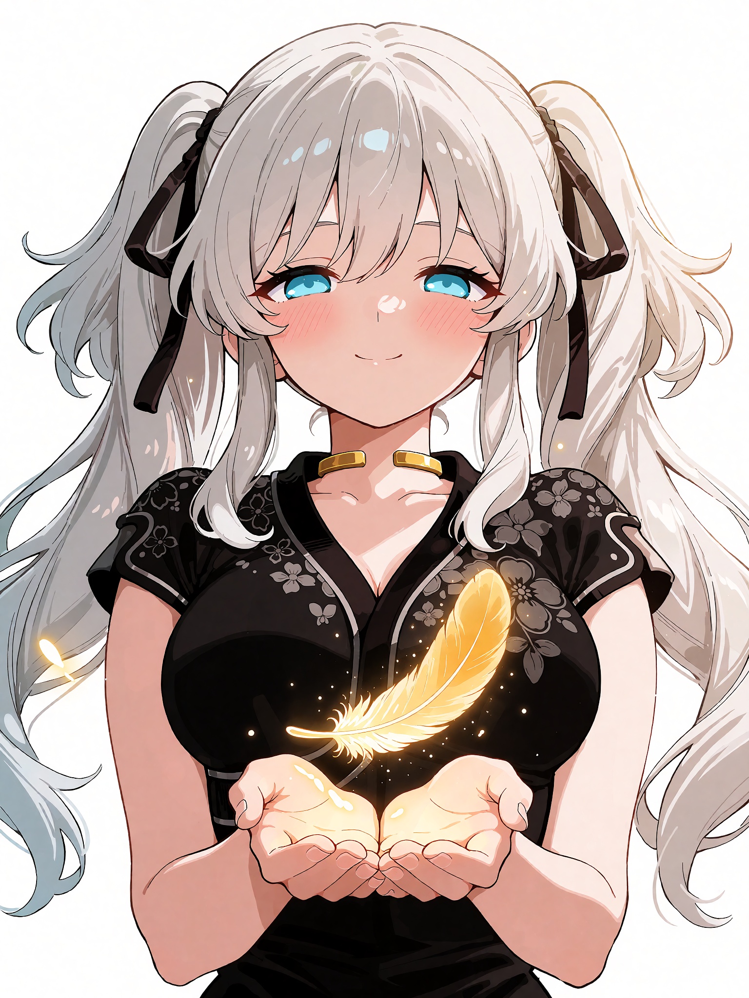 anime illustration of nao from mabinogi,  a young woman from the chest up with long white hair tied into twin high ponytai...