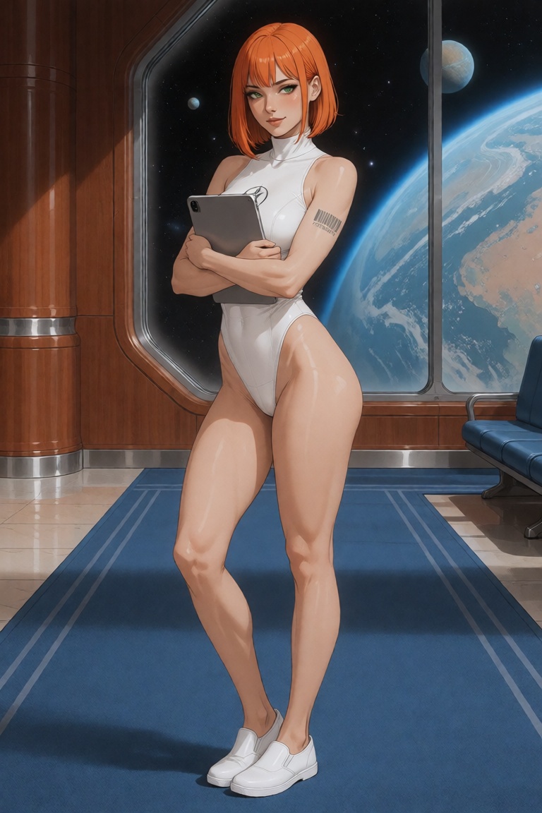 A highly detailed cinematic full-body scene inside a wide sci-fi spaceport terminal. Elegant dark blue carpeted floors,  s...
