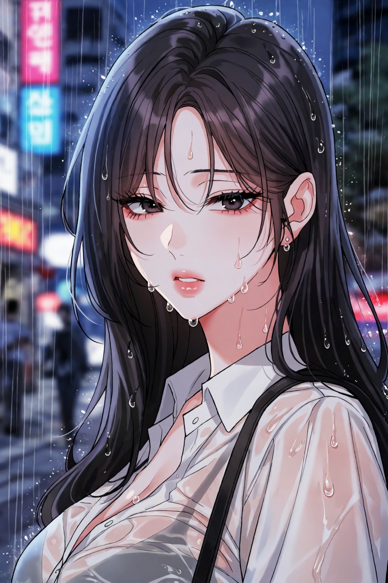 A close-up portrait of a young woman in a Korean webtoon manhwa style. She has long,  dark hair that is completely drenche...