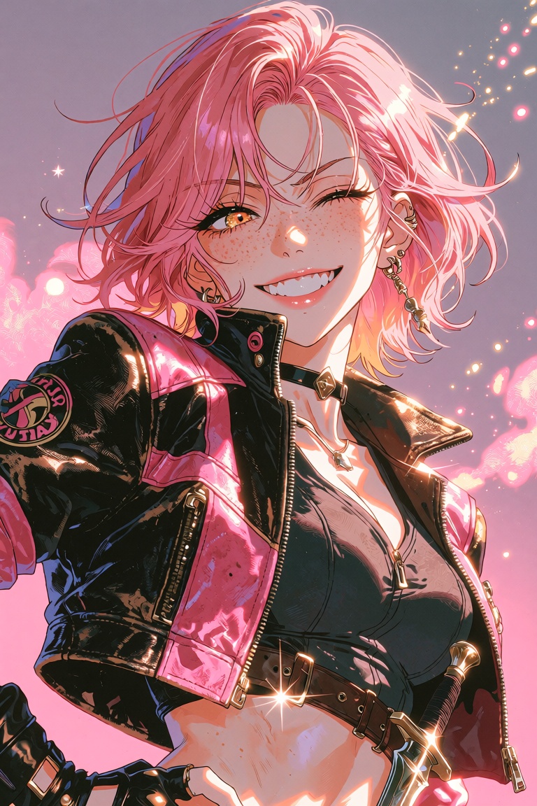 Choi Mira winks playfully,  a mischievous grin spreading across her face as her bright amber eyes sparkle with roguish cha...