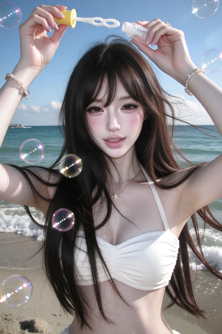 1 woman,  long straight dark brown hair,  slightly tousled by the sea breeze on Tensor.Art