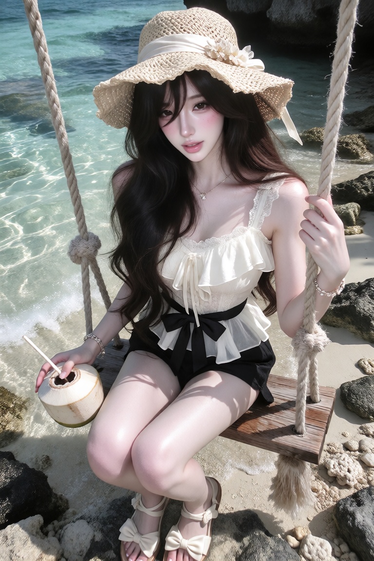 A young ***** woman sitting gracefully on a rustic rope swing at the edge of a tropical beach,  captured in a close-up thr...