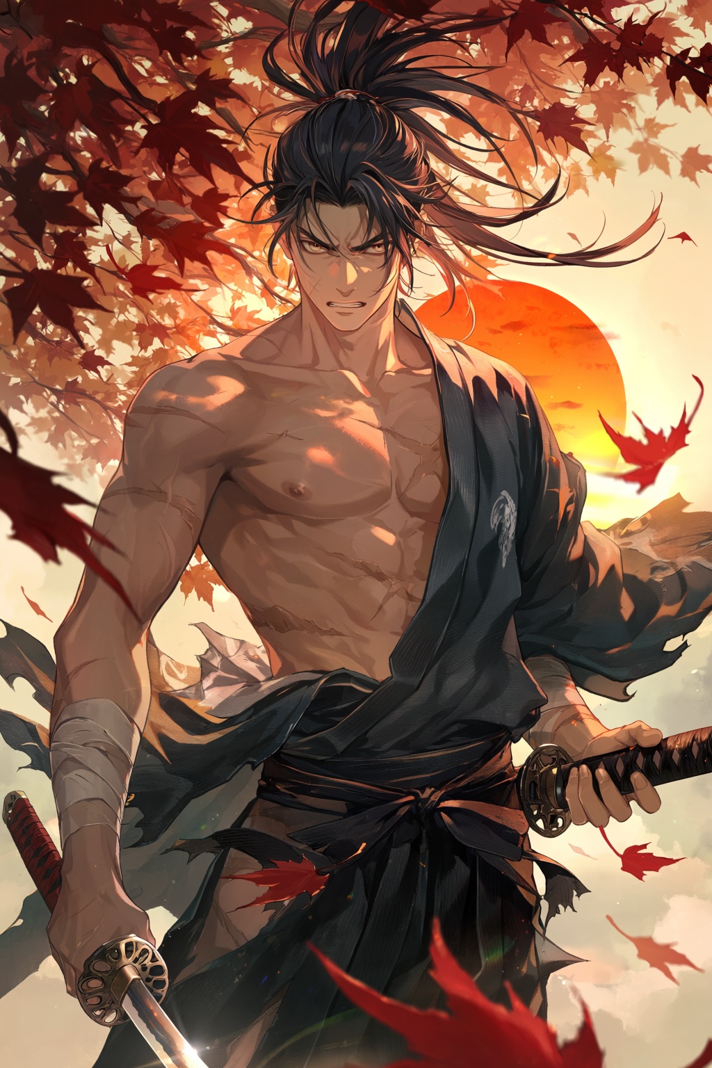 highres,  absurdres.@T0TS7YLE A stylized digital illustration features a fierce samurai-inspired man standing amidst a flu...