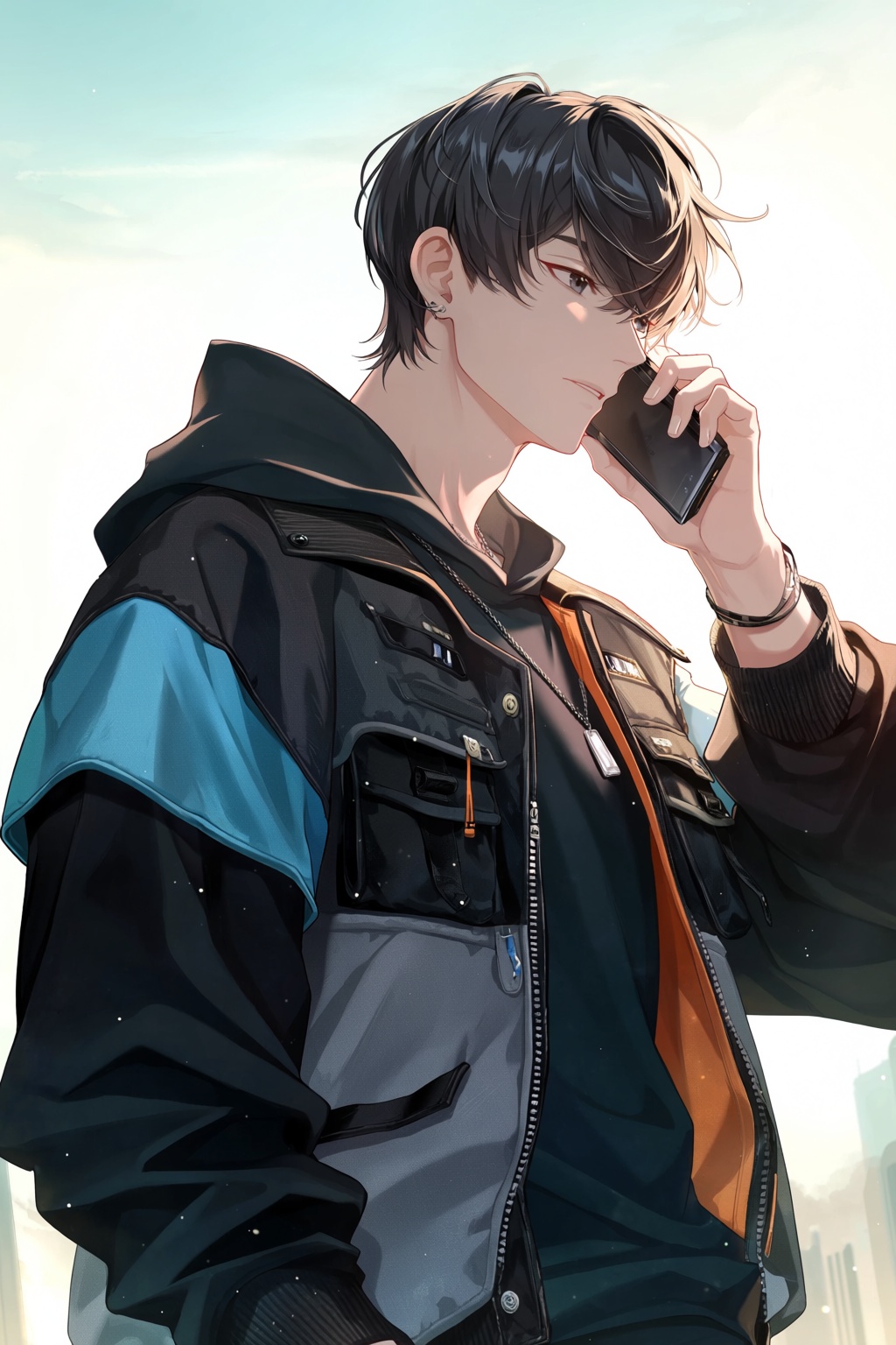 highres,  absurdres. A young man with dark,  styled hair and sharp features is depicted in a digital illustration on Tenso...