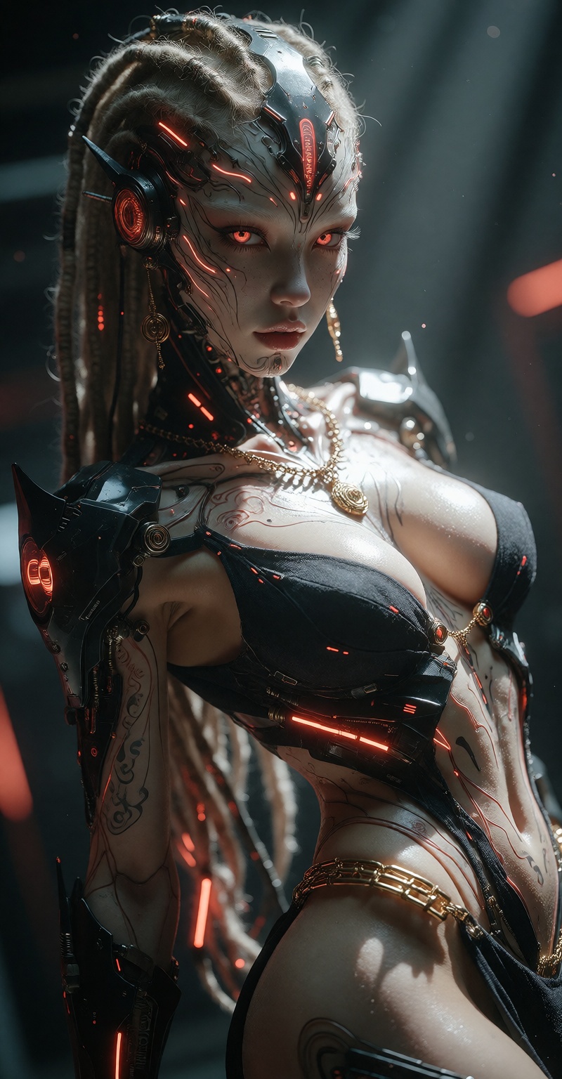 soft ambient occlusion,  ) Hyperrealistic,  photorealistic cinematic photograph of a highly detailed futuristic Korean wom...