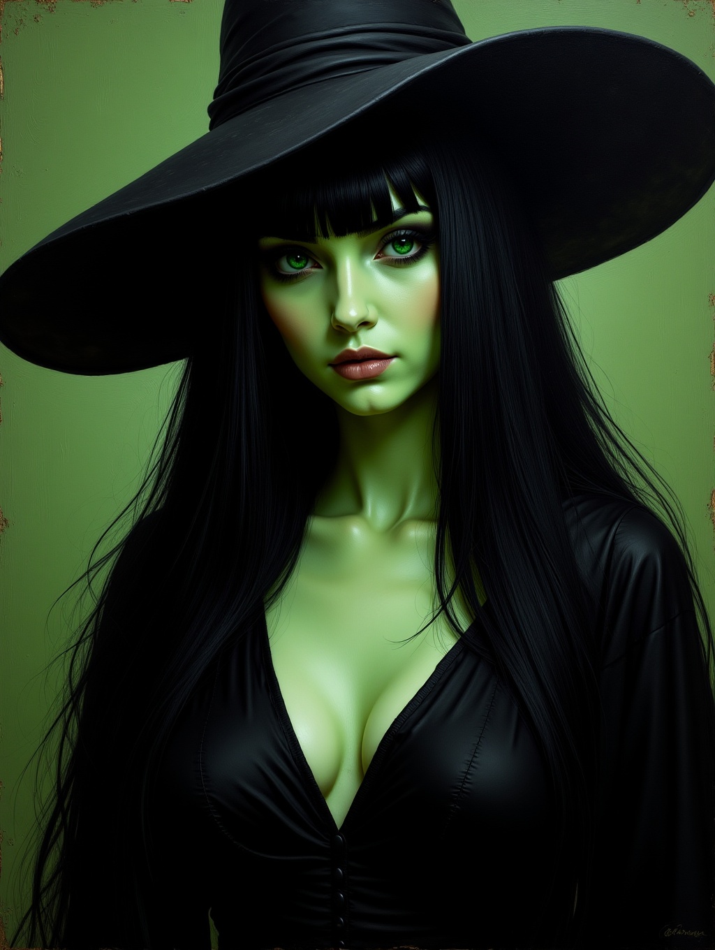 The image shows a evil witch with a striking,  mysterious presence. Appearance: She has long,  very thick on Tensor.Art