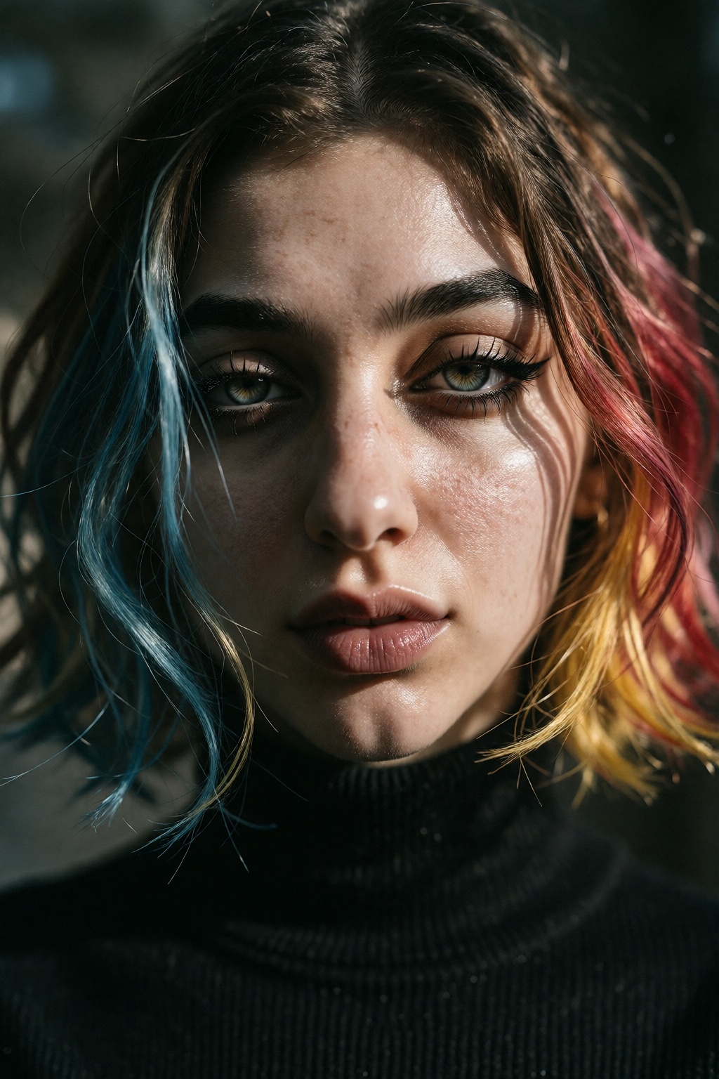A close-up portrait of the young woman with a medium-length bob haircut,  showcasing a striking multicolored ombre effect...