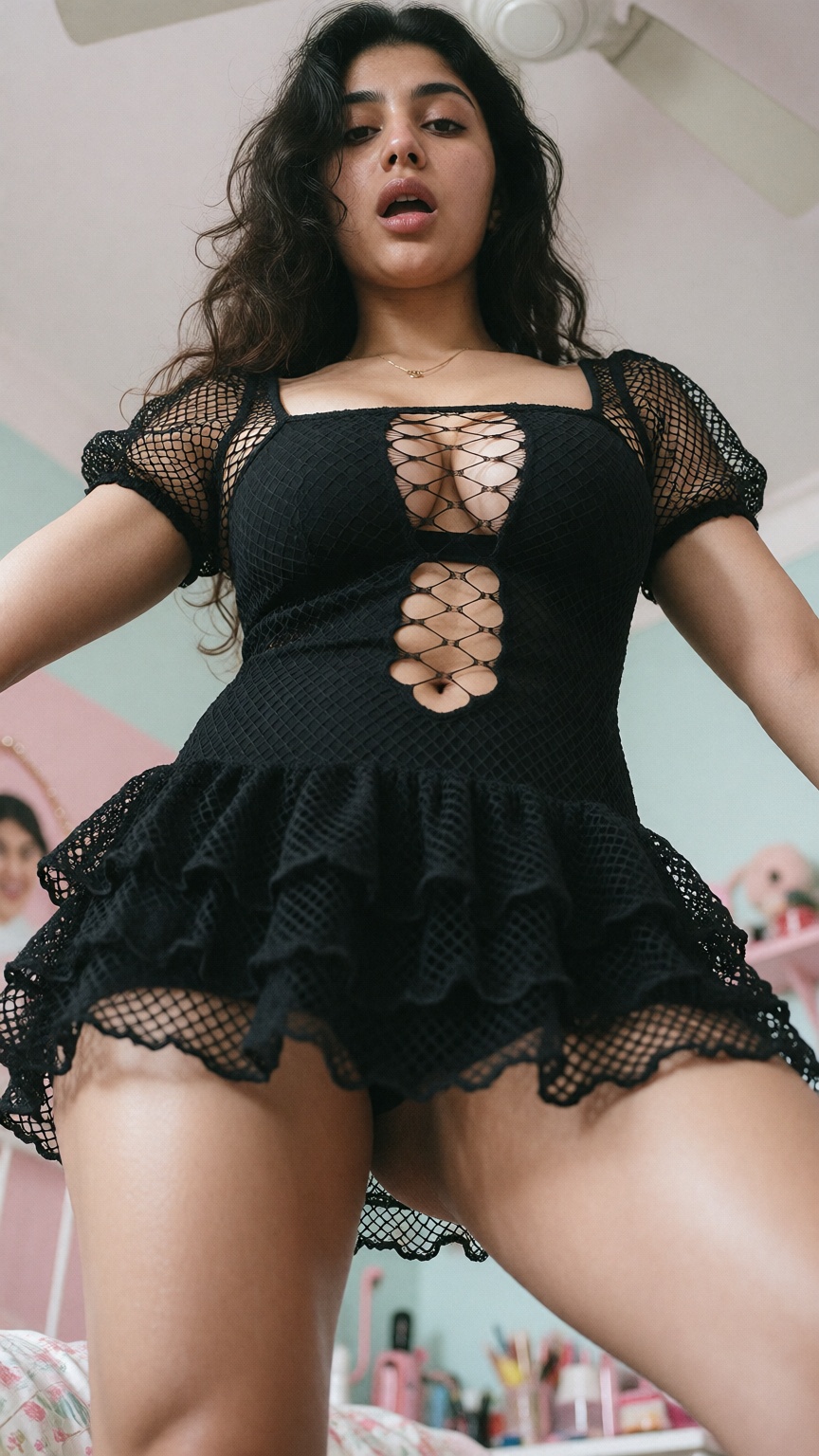 Extreme low angle shot,  Photograph of a 40yo woman with long wavy black hair and medium brown skin,  standing in a bright...