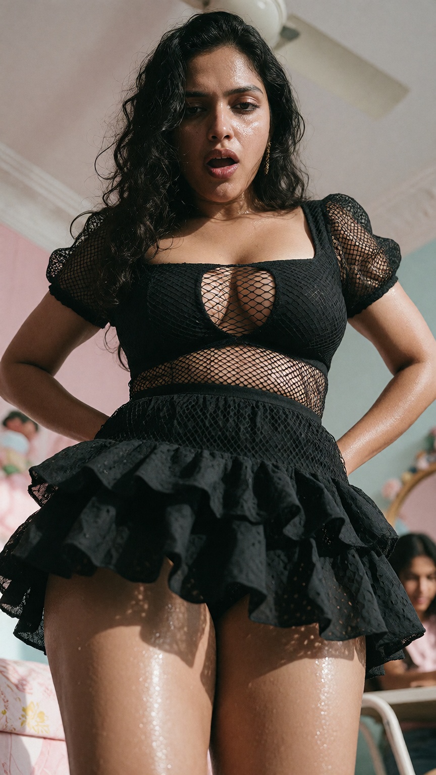 Extreme low angle shot,  Photograph of a 40yo woman with long wavy black hair and medium brown skin,  standing in a bright...