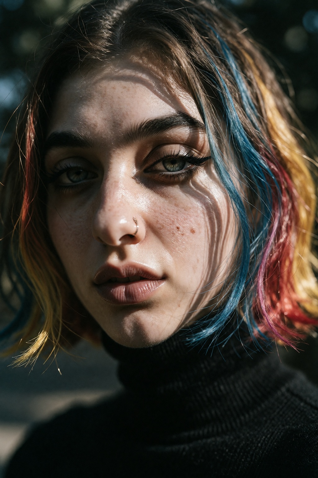 A close-up portrait of the young woman with a medium-length bob haircut,  showcasing a striking multicolored ombre effect...