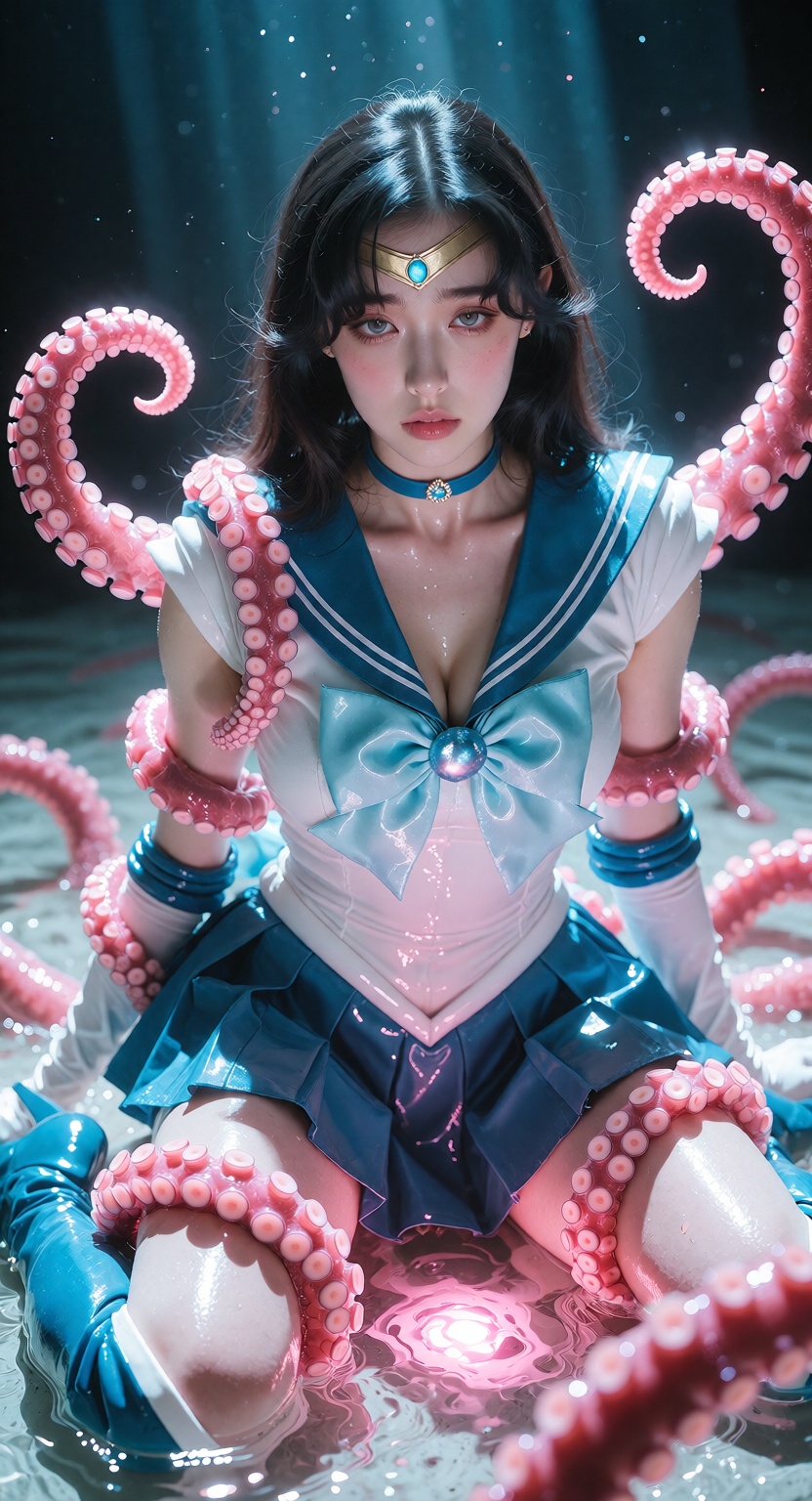Close-up of one ***** woman in a highly recognizable Sailor Mercury-style sailor fuku,  sitting atop a shallow glowing wat...