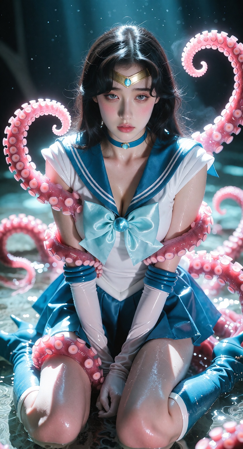 Close-up of one ***** woman in a highly recognizable Sailor Mercury-style sailor fuku,  sitting atop a shallow glowing wat...