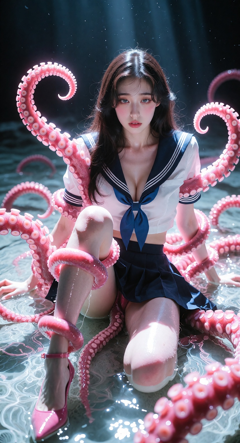 Close-up cinematic shot of one ***** woman sitting atop a shallow glowing water surface outdoors,  immobilized by thick gl...