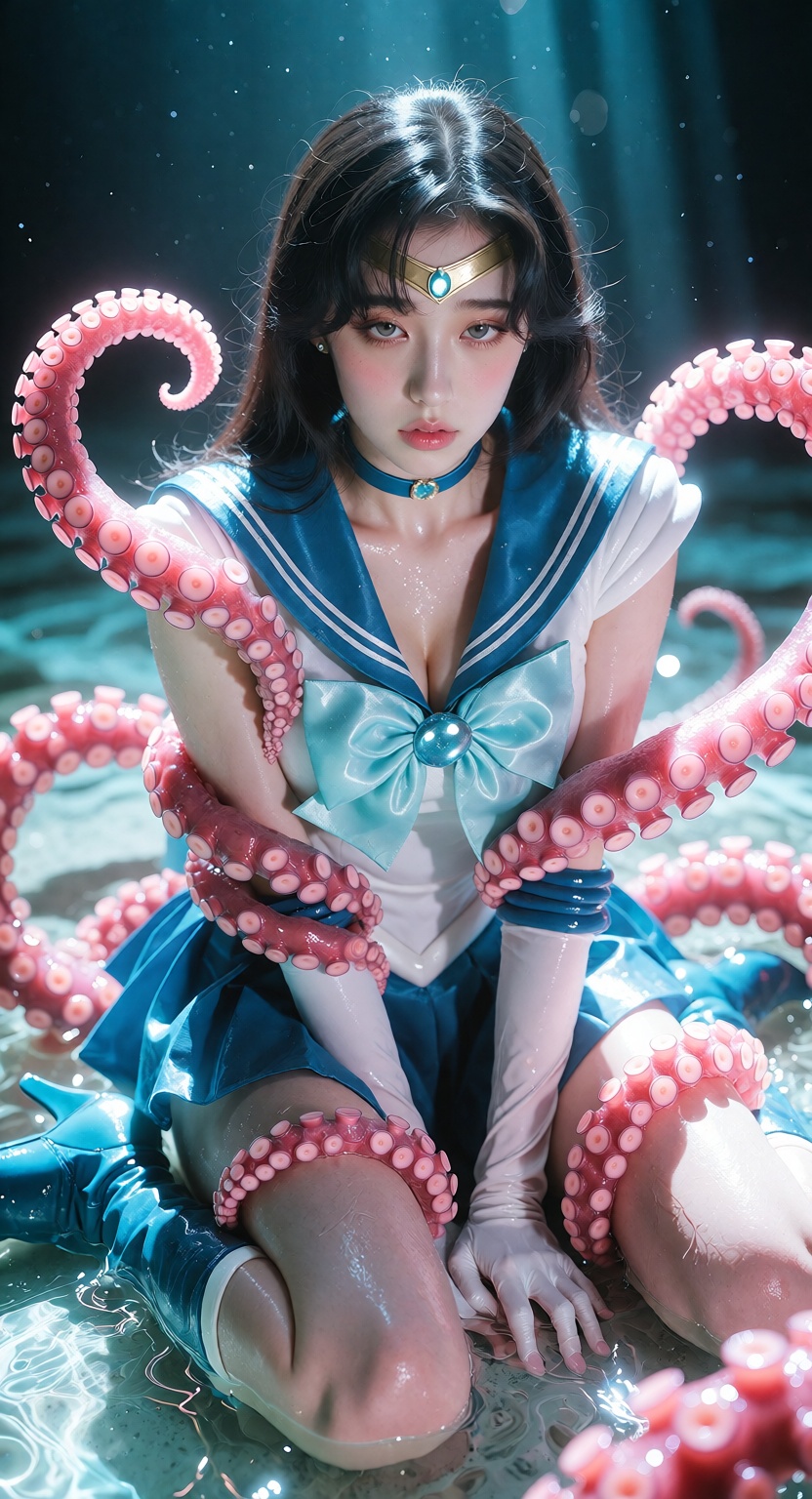Close-up of one ***** woman in a highly recognizable Sailor Mercury-style sailor fuku,  sitting atop a shallow glowing wat...