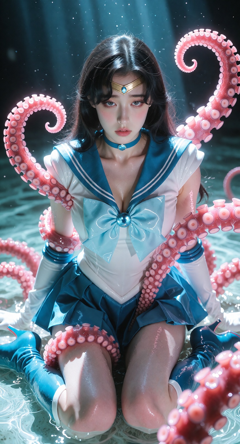 Close-up of one ***** woman in a highly recognizable Sailor Mercury-style sailor fuku,  sitting atop a shallow glowing wat...