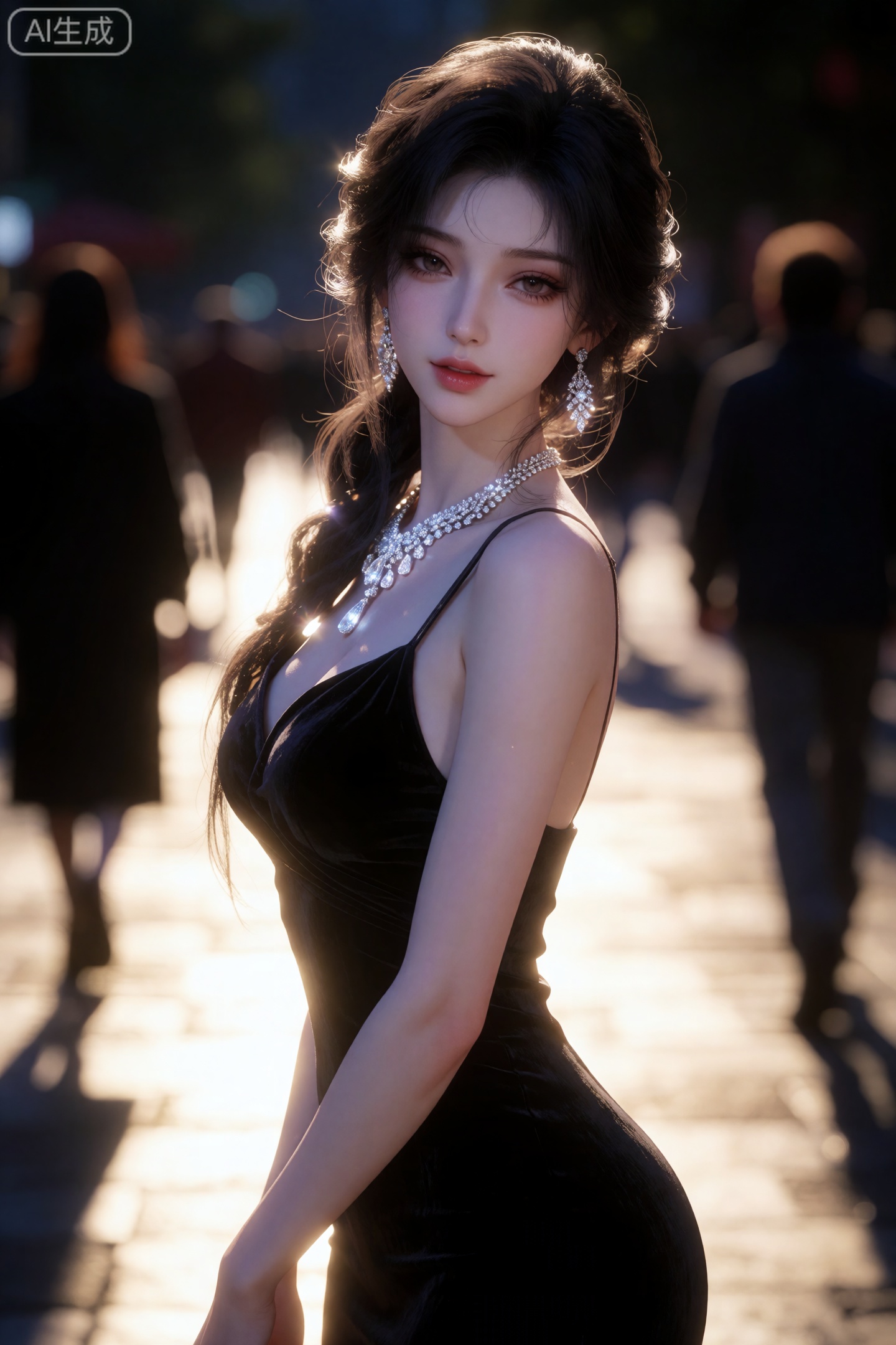 CG,  3D rendered character illustration,  东方美女侧身站在夜晚的大街上 by Sayid on Tensor.Art