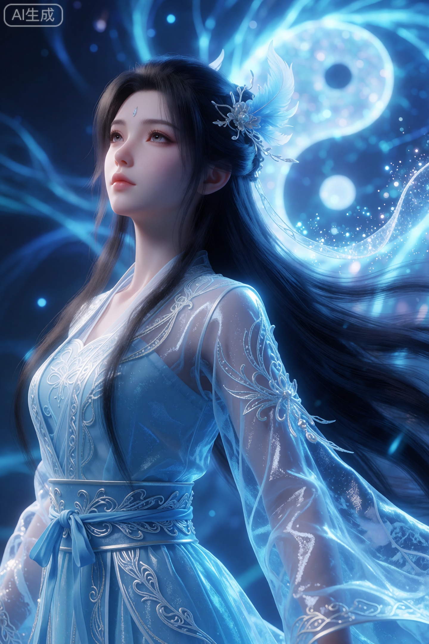 CG,  3D rendered character illustration,  Ethereal digital fantasy portrait of a serene young woman with long flowing blac...