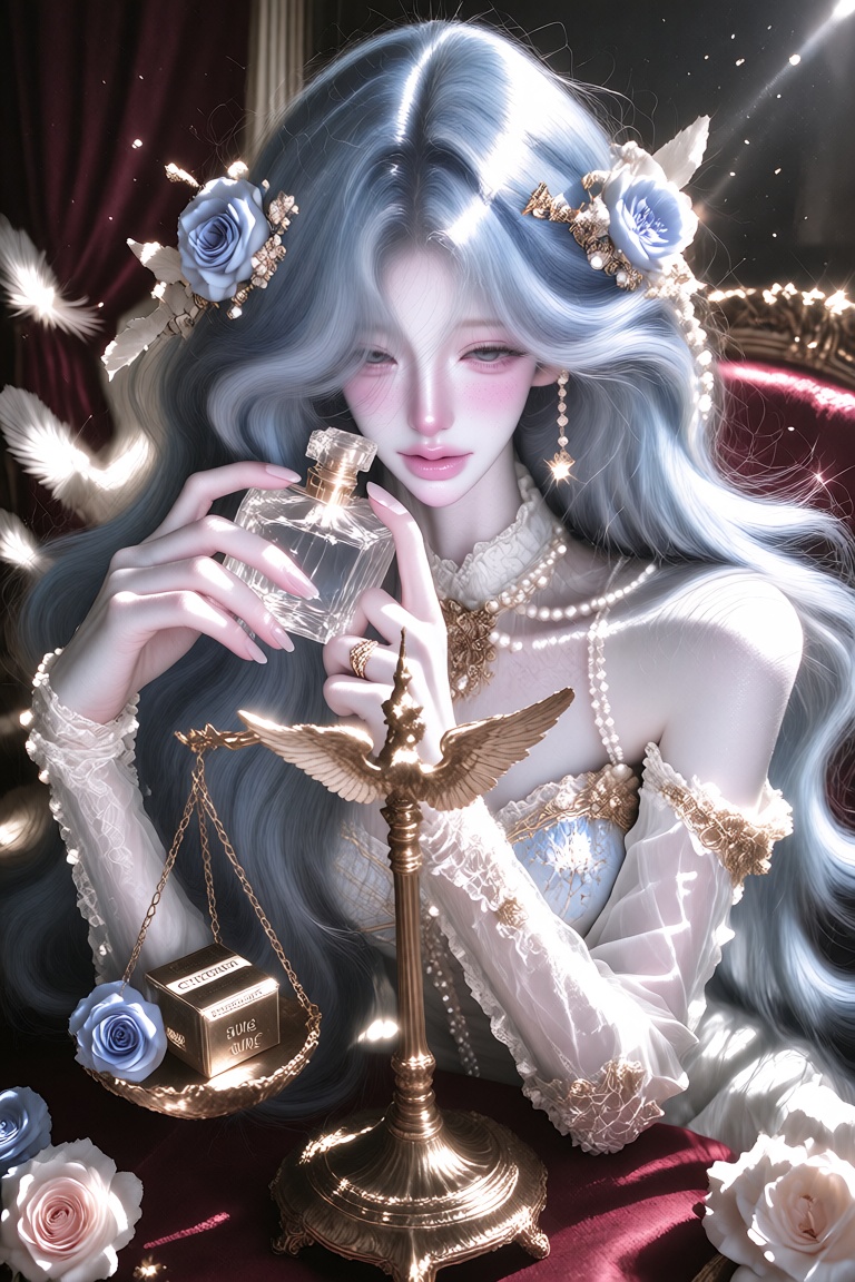 Elegant manhwa-style illustration of a beautiful woman with long flowing wavy light blue hair adorned with delicate white...