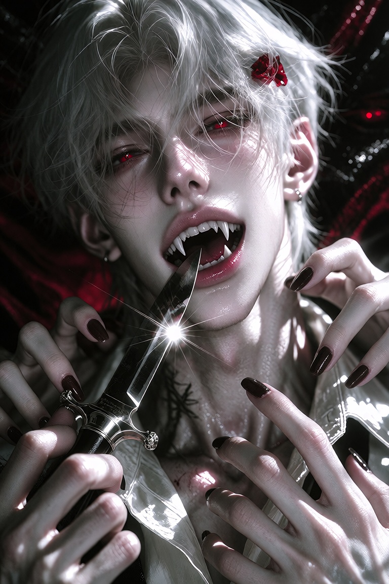 Manhwa-style close-up portrait of a handsome young man with messy,  slightly tousled silver-white hair falling over his fo...