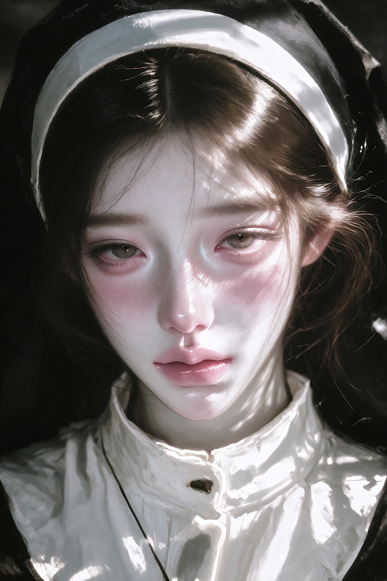 A digital painting portrait of a young East Asian woman with porcelain-pale skin and soft,  delicate features. She has sli...