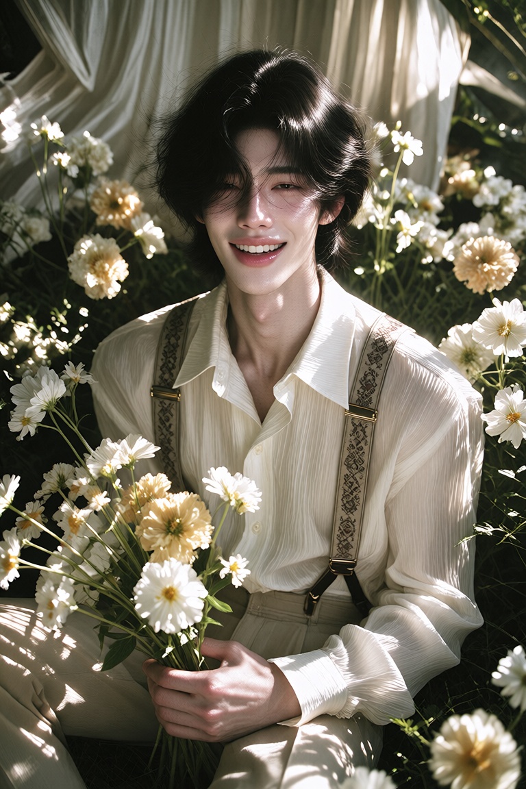 Ultra-realistic soft vintage portrait of a handsome young man sitting gracefully among a lush field of white and pale yell...