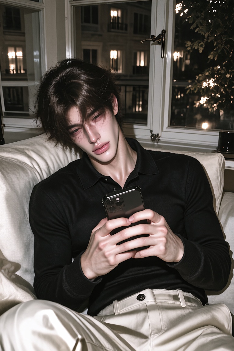 Ultra-realistic candid lifestyle portrait of a handsome young man relaxing on a cream-colored fabric sofa at night,  leani...