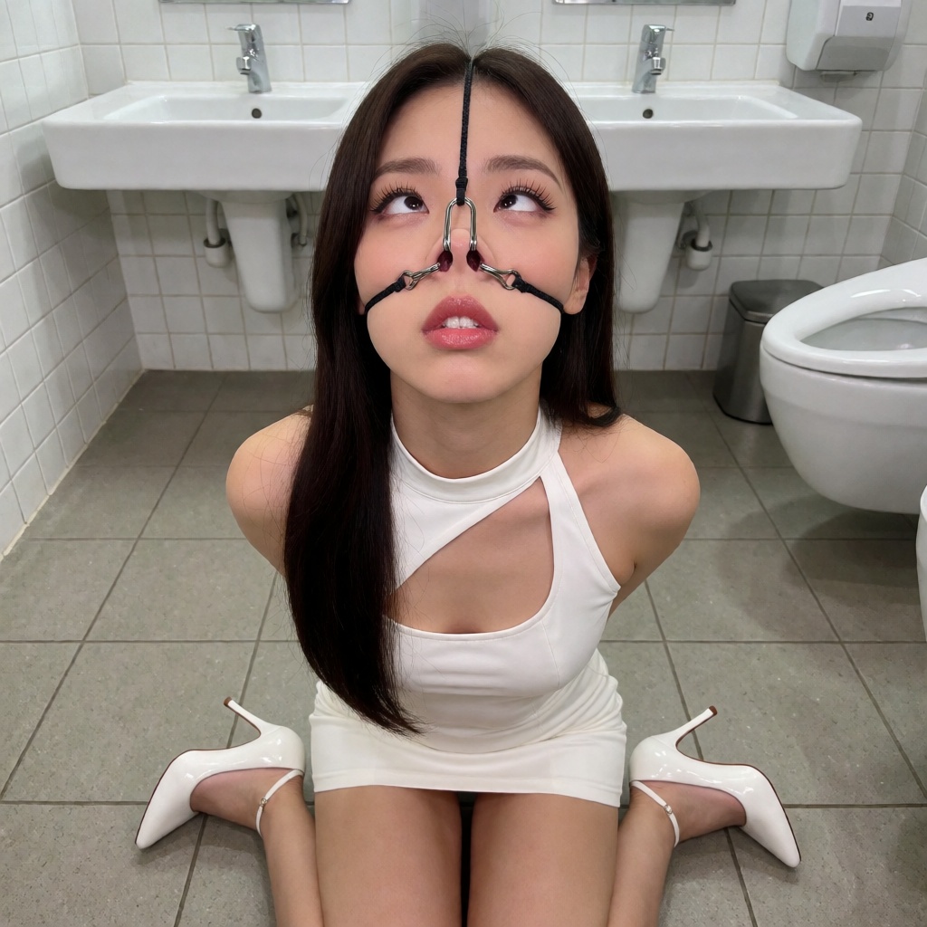 Candid portrait photograph of a kpop idol with kneeling on floor of public men's restroom,  arms behind back,  wearing bla...