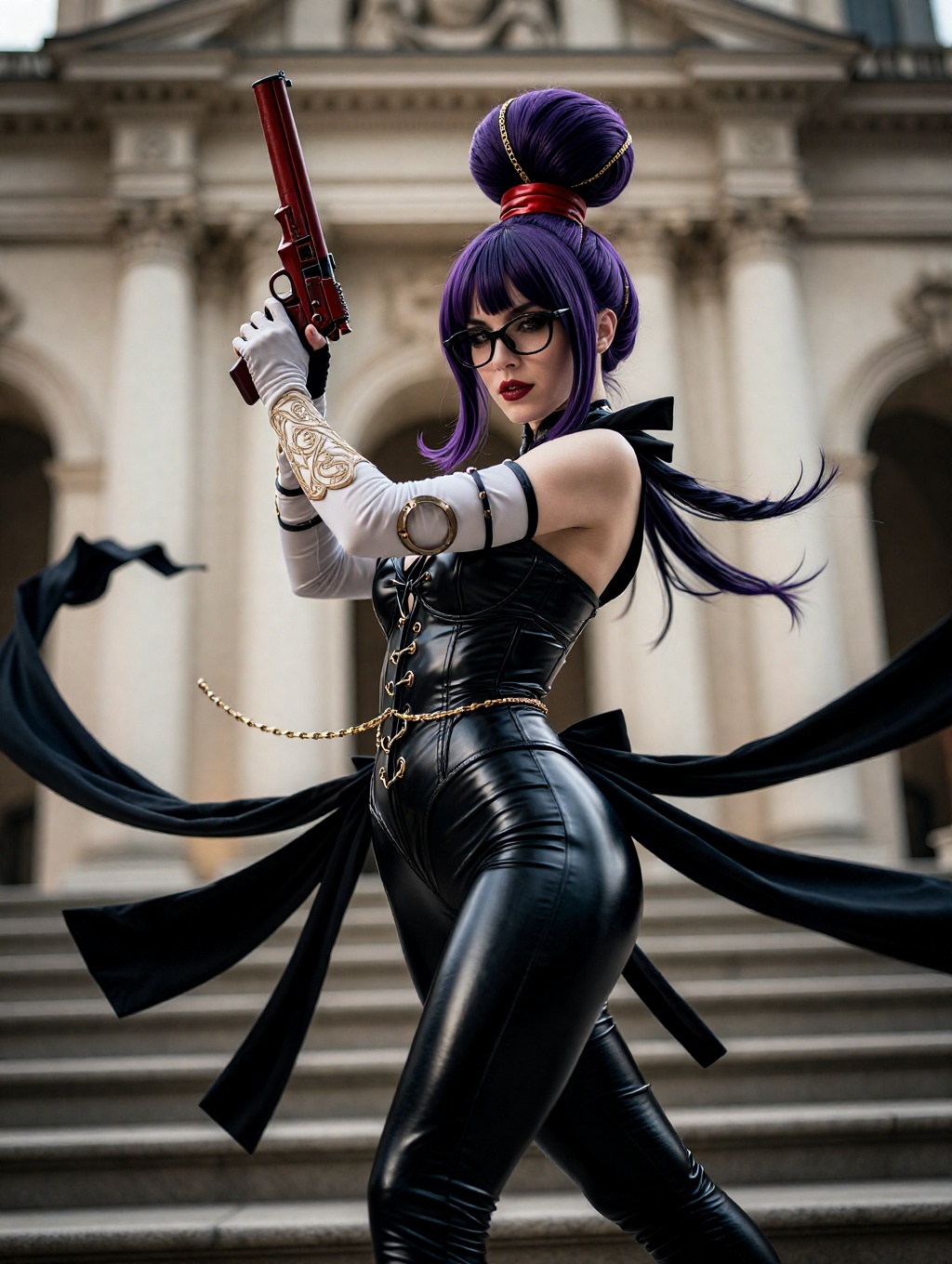 Photorealistic cinematic portrait of a confident female cosplayer in an elaborate glossy black latex bodysuit and corset,...