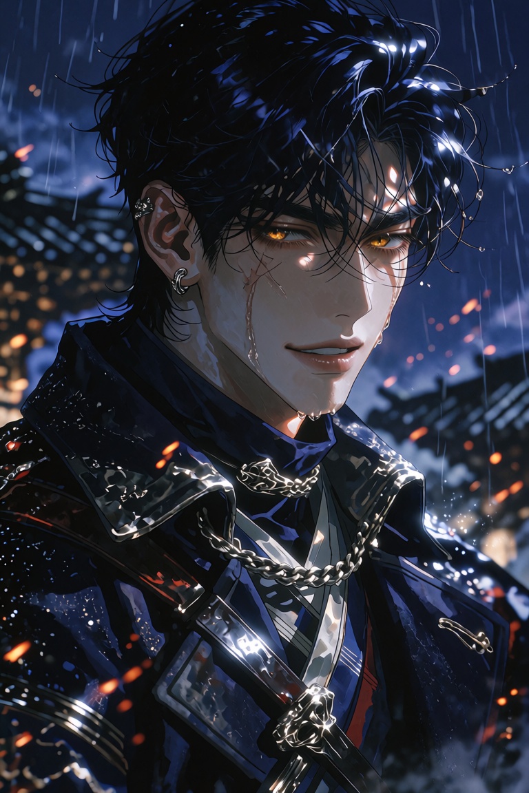 Kang Jae-ha stands in a close three-quarter view,  his posture guarded and his gaze cutting sideways toward the viewer wit...
