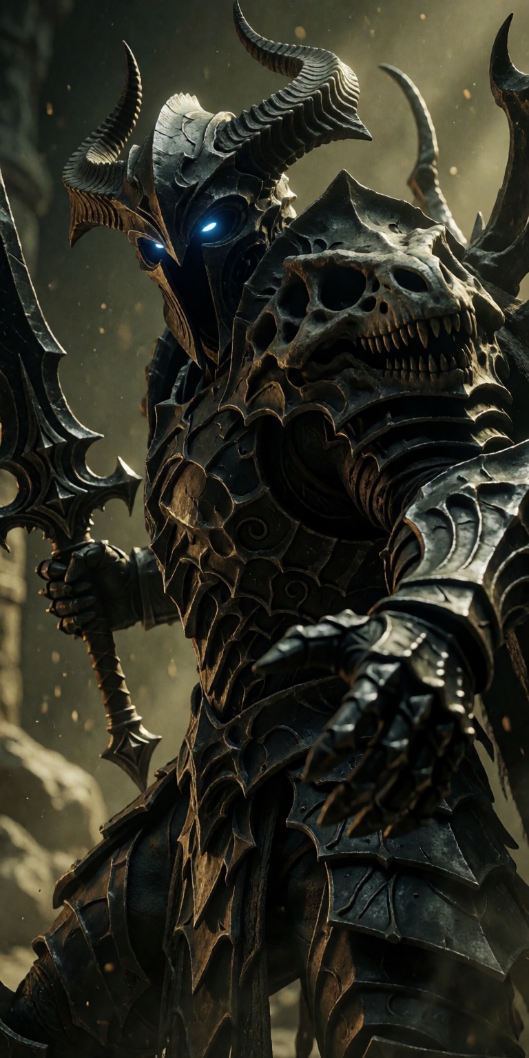 A powerful,  imposing warrior transformed into a terrifying emblem of eldritch horror and dark majesty,  depicted in a str...