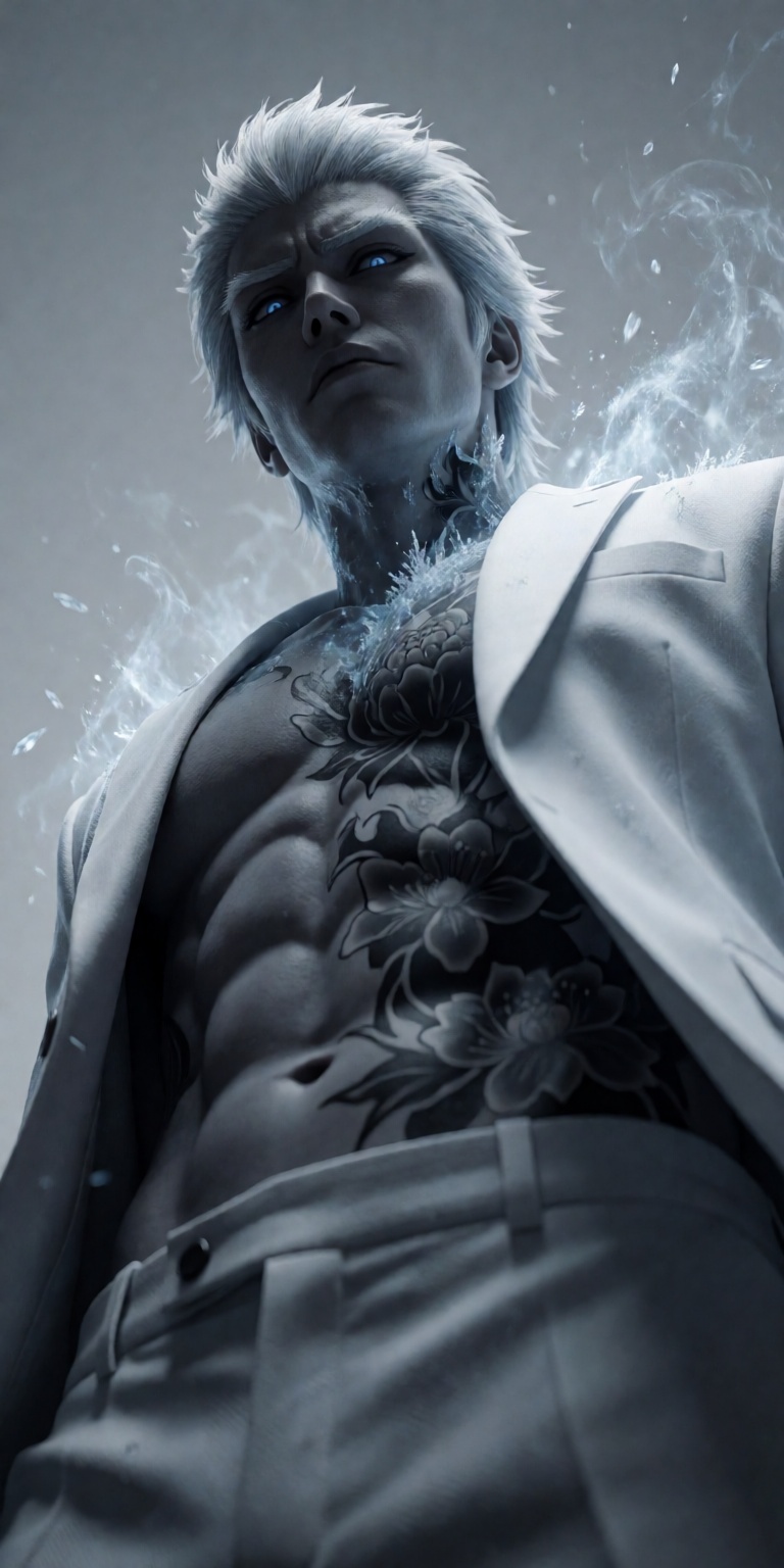 A solo ***** male Hitsugaya Toshiro,  mature,  shirtless under an open white suit jacket on Tensor.Art