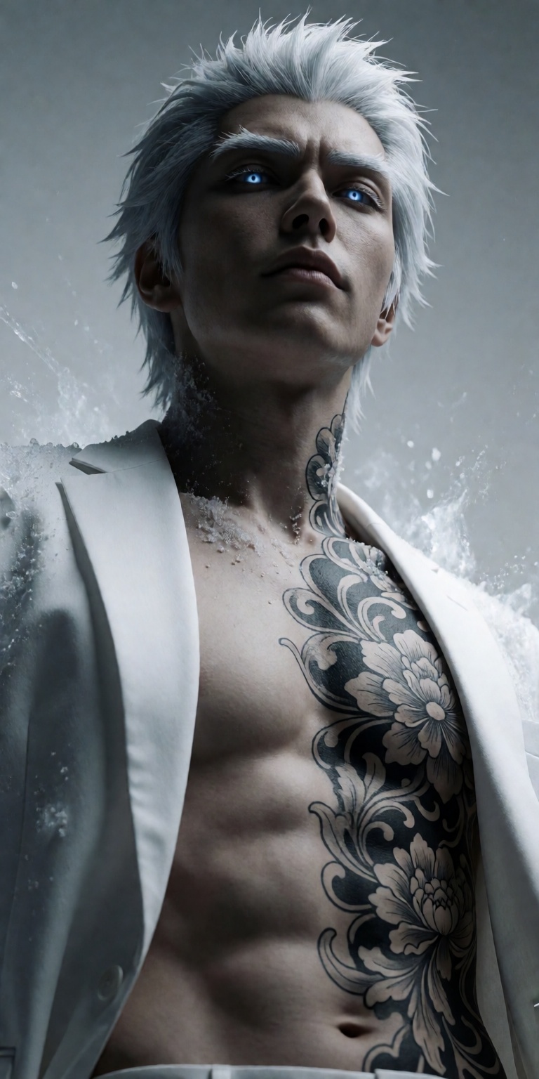 A dramatic close-up portrait of an ***** male Hitsugaya Toshiro in a mature form,  head slightly tilted upwards,  captured...