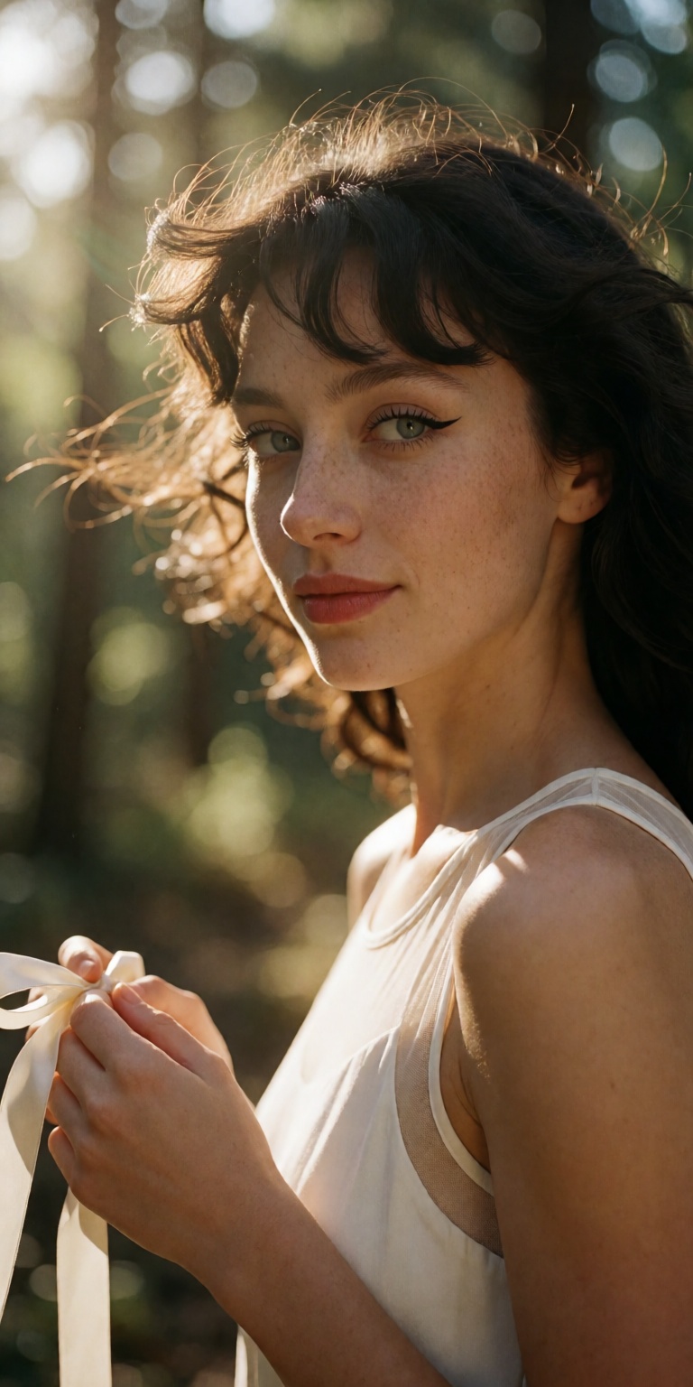 A young woman in a medium close-up portrait,  turned at a dynamic three-quarter angle to the left,  looking back intently...