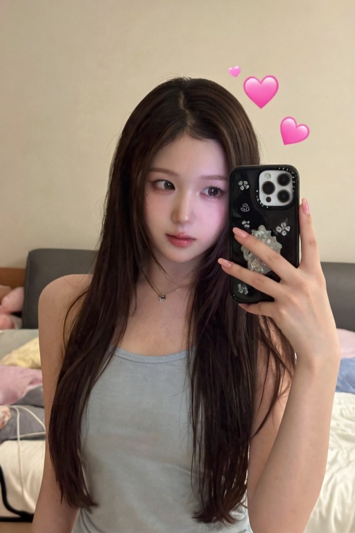 The image shows a young woman taking a selfie. She has long dark hair and is wearing a light gray **** top. She is holding...