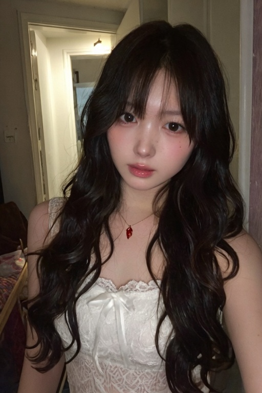 The image shows a person with long,  wavy black hair,  wearing a white lace camisole with a small bow at the neckline. The...