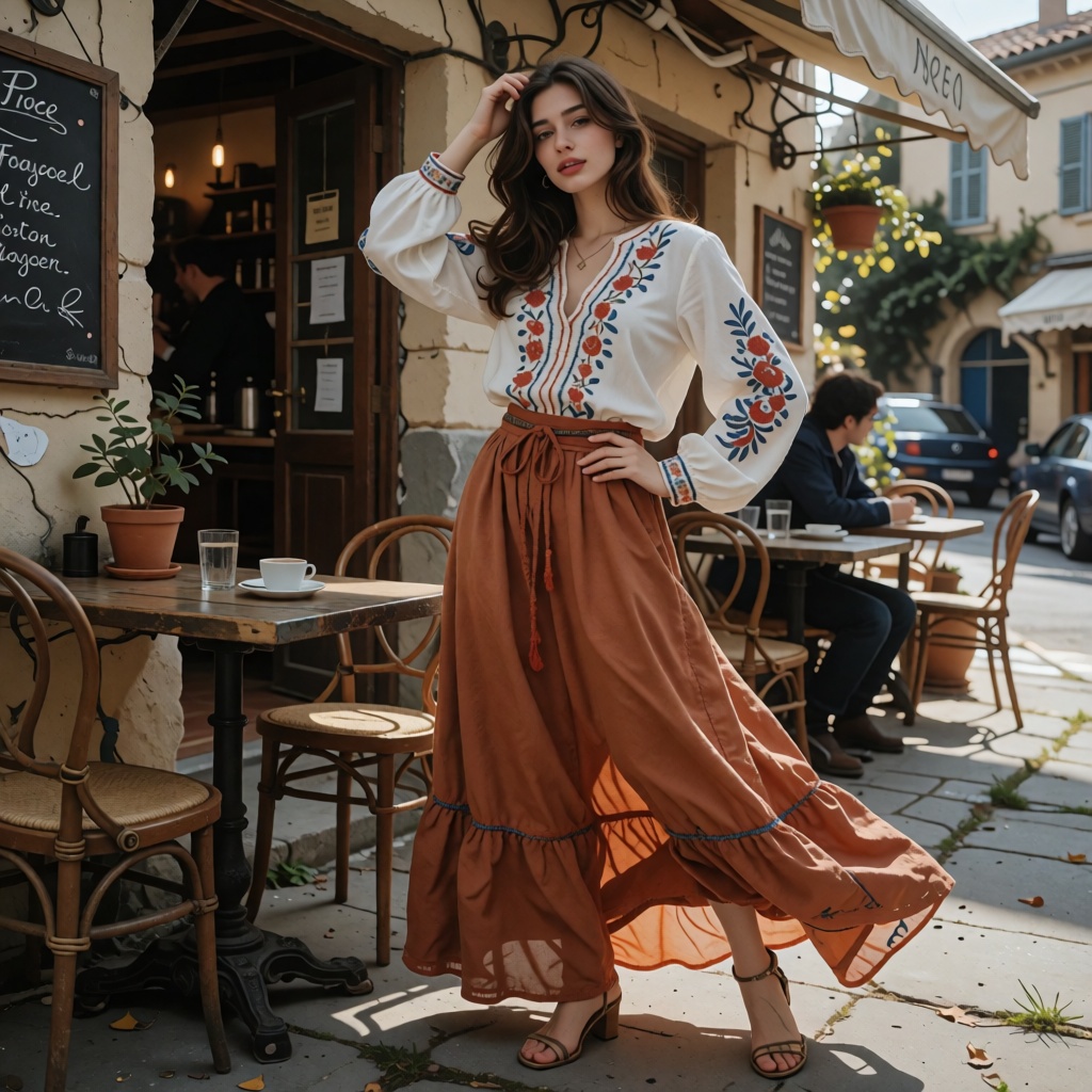 22-year-old French woman wearing an elegant embroidered bohemian blouse and flowing maxi skirt,  posing beside a rustic ca...