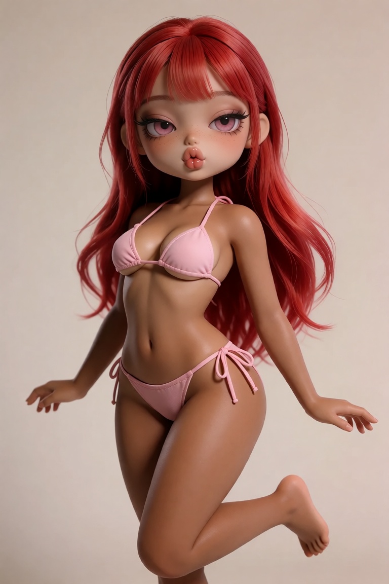 8JD_d0ll_5tyl3,  stylized 3D doll aesthetic: tanned skin with tan lines,  red long hair on Tensor.Art