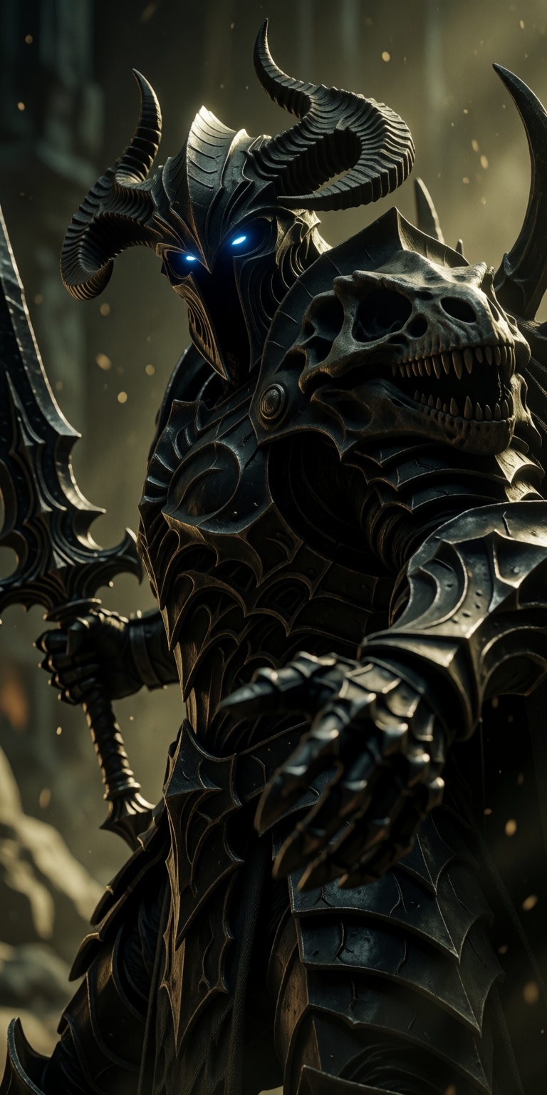 A powerful,  imposing warrior transformed into a terrifying emblem of eldritch horror and dark majesty,  depicted in a str...