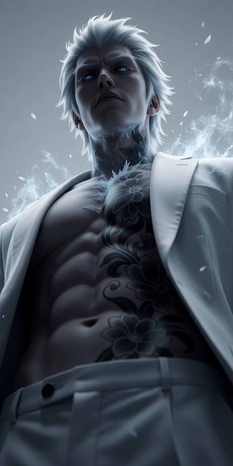 A solo ***** male Hitsugaya Toshiro,  mature,  shirtless under an open white suit jacket on Tensor.Art