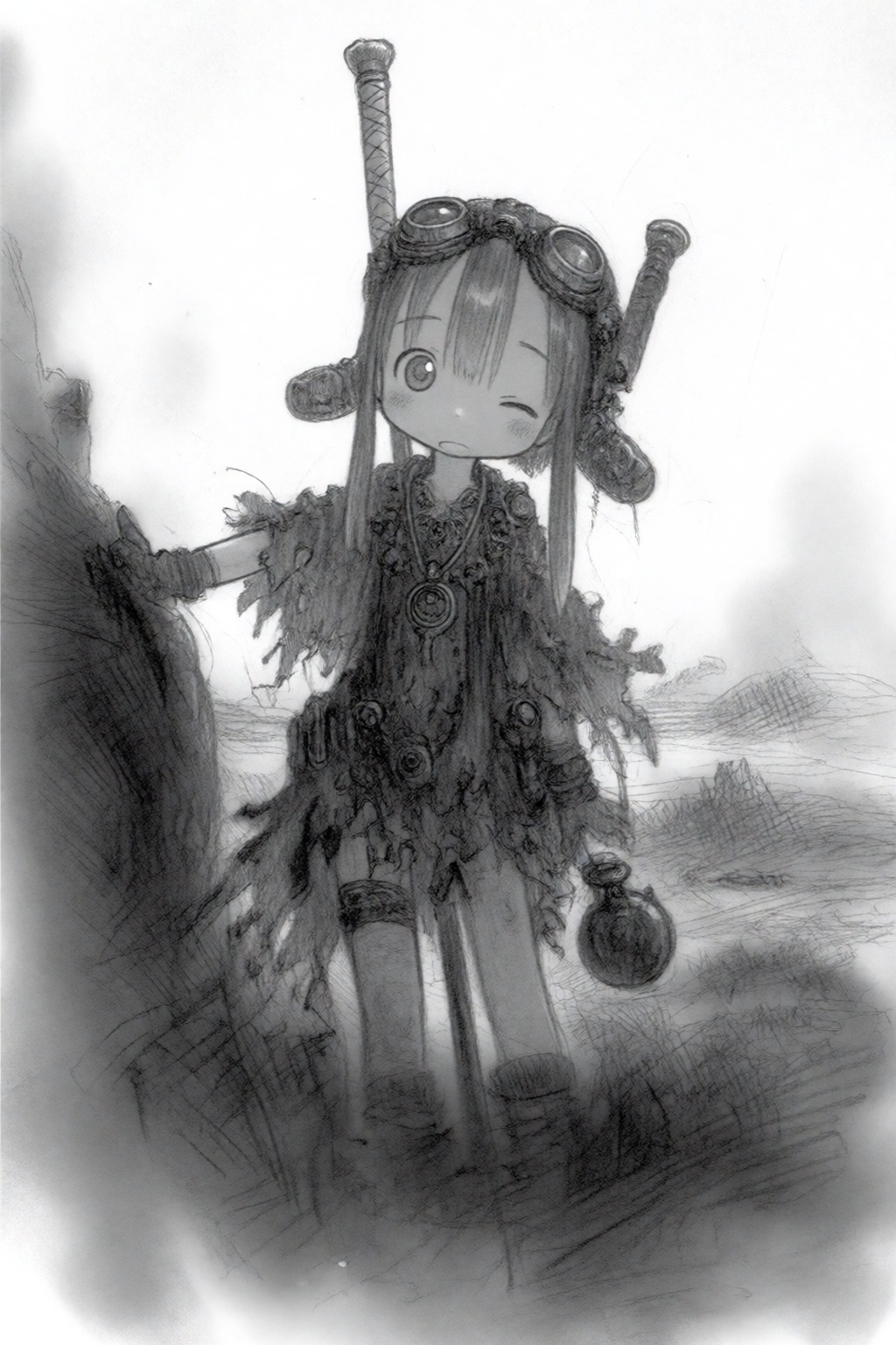 tsukushistyle,  A full shot pencil sketch portrait of Riko,  a young girl with large on Tensor.Art
