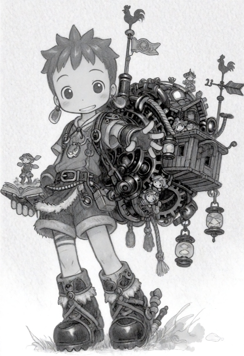 tsukushistyle,  Full shot,  eye-level portrait of a young boy standing in a centered composition against a plain white bac...