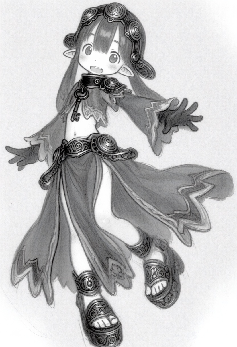 tsukushistyle,  a cheerful girl in a fantasy ensemble stands in a dynamic three-quarter pose. Her anatomy features rounded...