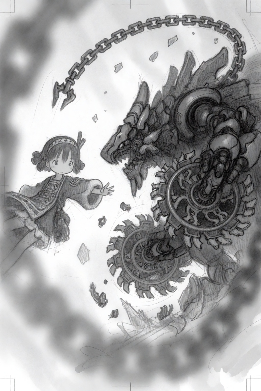 tsukushistyle,  A medium shot cinematic concept sketch in a monochrome pencil drawing style,  featuring a young girl and a...