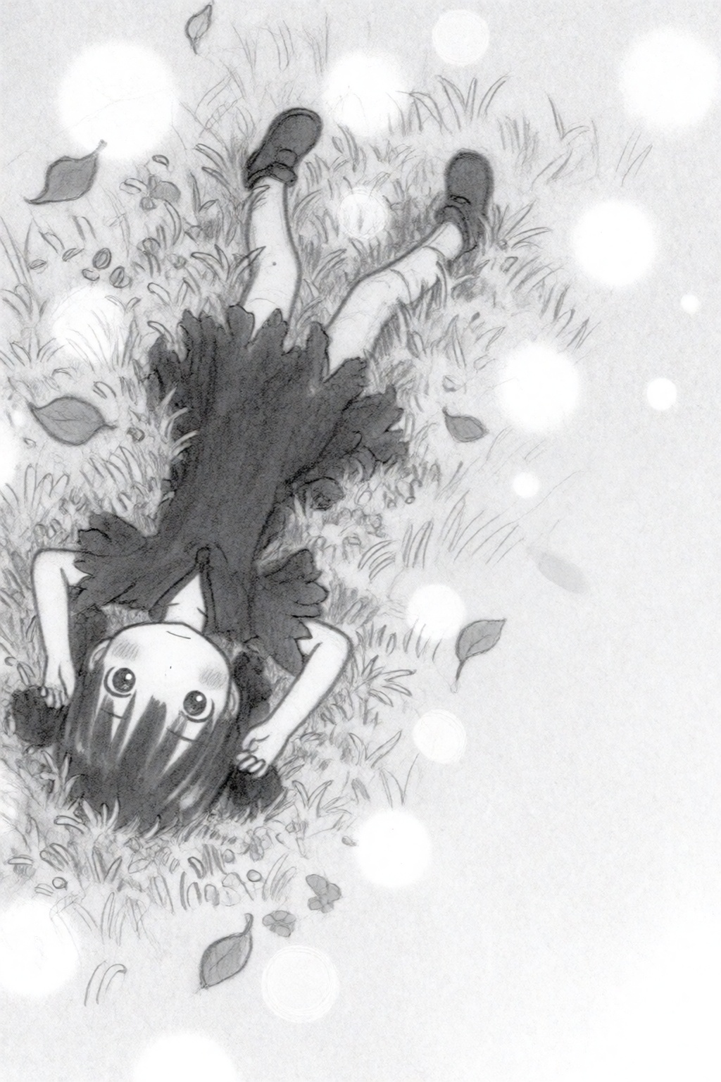 tsukushistyle,  A full shot,  high-angle bird’s-eye view pencil sketch depicts a young female child lying supine on a gras...
