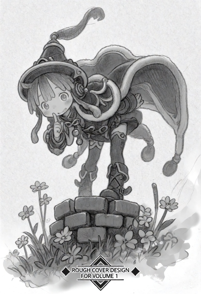 tsukushistyle,  In a dynamic high-angle perspective looking up toward the figure,  a young explorer in magical garb stands...