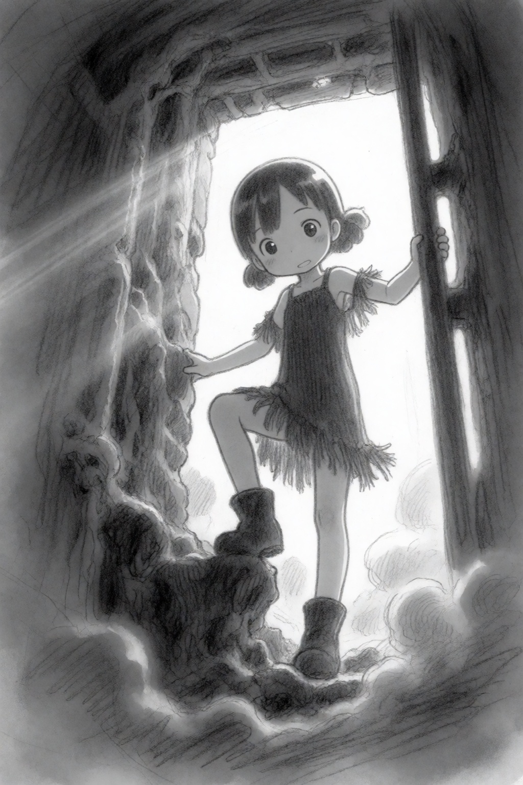 tsukushistyle,  A medium shot environmental illustration in a monochrome,  pencil-sketched style shows a young girl with l...